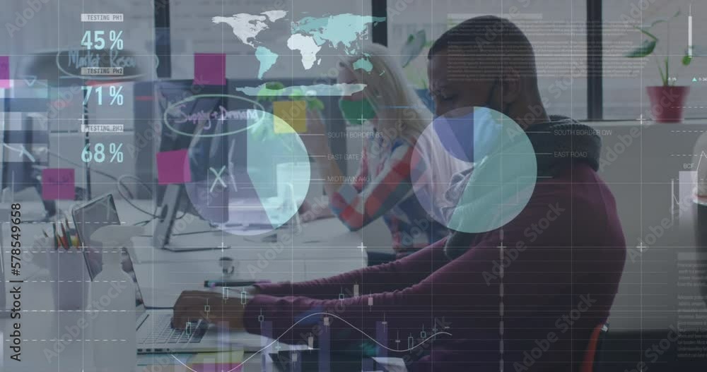 Poster animation of data processing over diverse business people with face masks in office