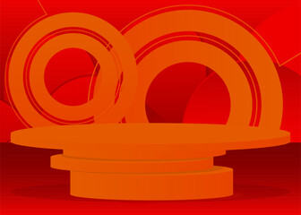 Obraz premium Orange and red cylinder pedestal podium. Stage showcase minimal geometric forms, empty scene. Futuristic vector 3D room mockup product display. Abstract Sci-fi presentation.