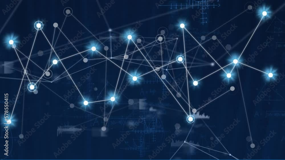 Poster animation of connected dots with graph and soundwave icons against mathematical equations