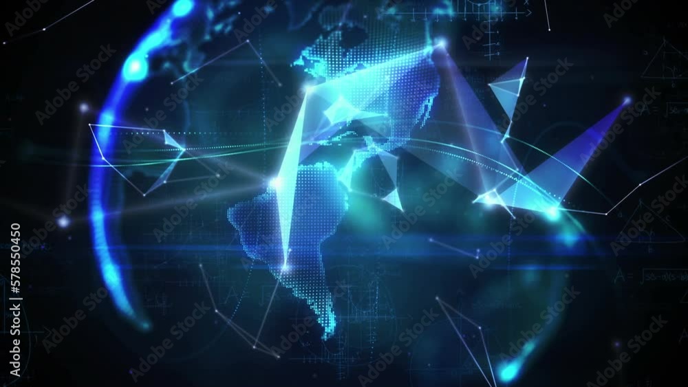 Poster animation of illuminated globe over connected dots and mathematical equation on black background