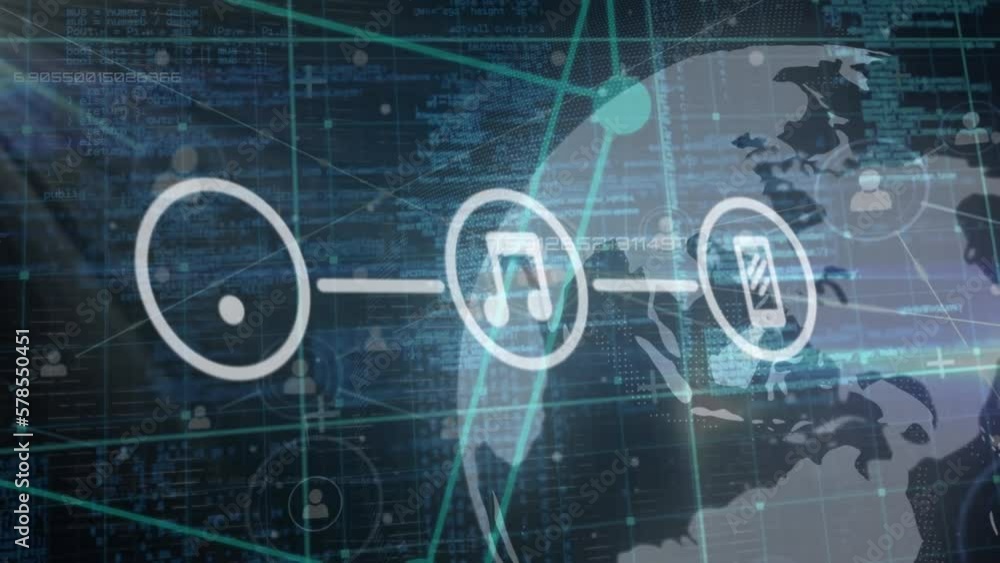 Poster animation of connected icons with rotating globe against abstract background