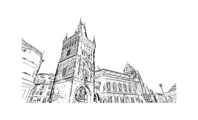 Building view with landmark of Prague is the 
capital of the Czech Republic. Hand drawn sketch illustration in vector