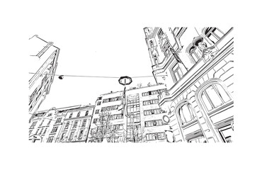 Building view with landmark of Prague is the 
capital of the Czech Republic. Hand drawn sketch illustration in vector