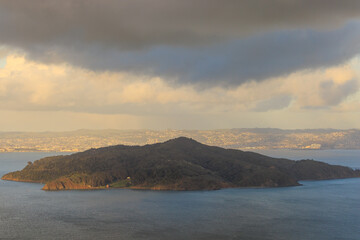 Storm clouds and rain over Angel Island in San Francisco Bay