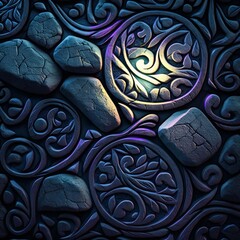 Fototapeta na wymiar Fantasy stones abstract background with ornaments and neon lights. Mystery stone texture, nothern lights colors, mystery lighting. Ai generated illustration with fantasy neon pebbles.