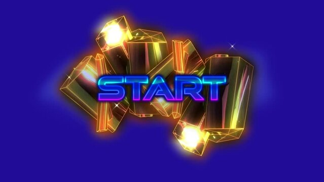 Animation of start text over glowing gold blocks and purple background