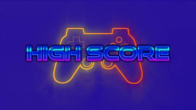 Animation of high score text over video game controller and purple background