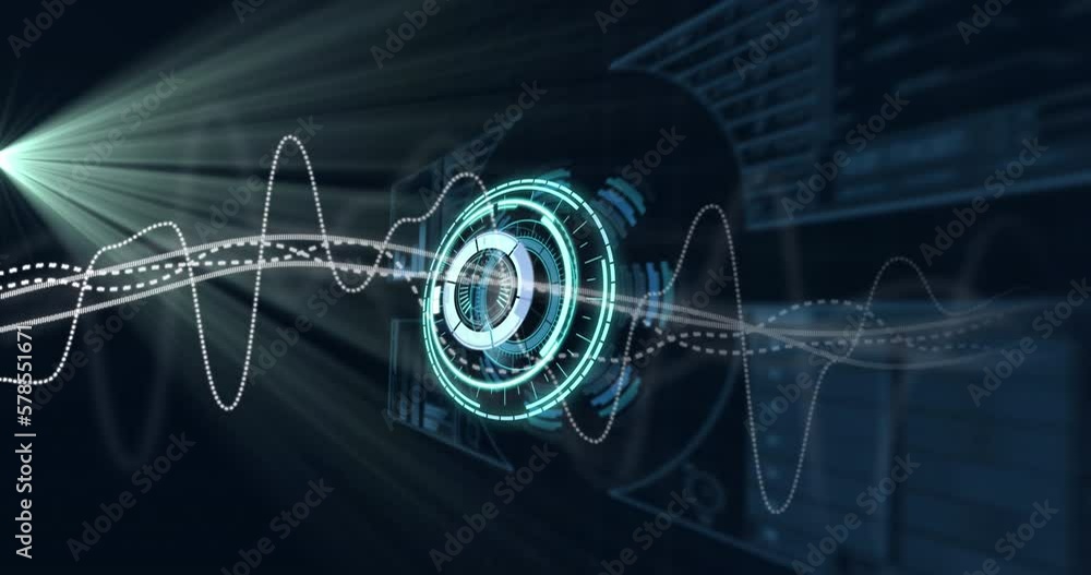 Poster animation of line graphs moving over illuminated circles on abstract pattern with lens flares