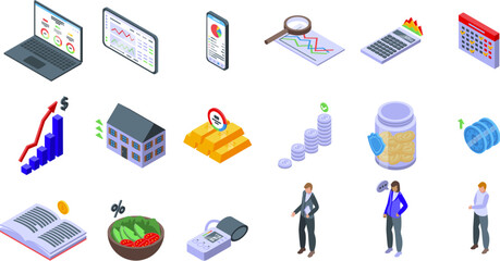 Financial planner icons set isometric vector. Money account. Tax business