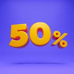 3d illustration of 50% percent number title sign on violet background