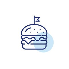Craft burger with flag on a stick. Dining out or delivery. Pixel perfect, editable stroke line icon