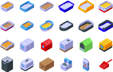 Cat tray icons set isometric vector. Toilet sandbox. Animal box