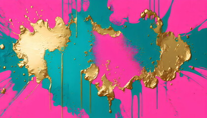 colorful bright pink, cyan and gold splatter painting, made with generative ai