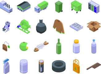 Products that can be reused icons set isometric vector. Food bin. Trash can