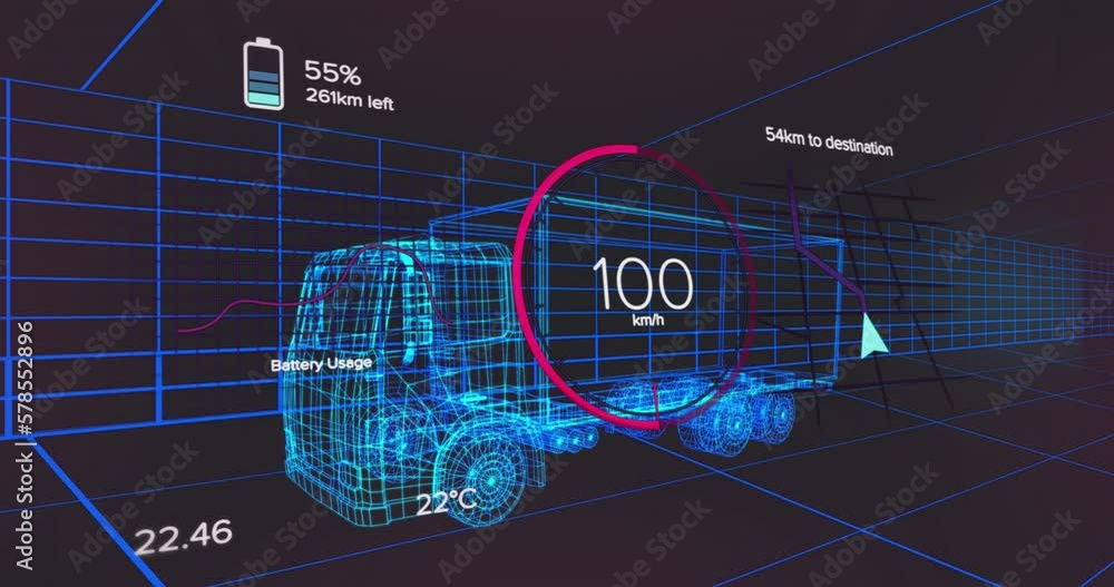 Leinwandbilder animation of number changing in circle with battery icon over 3d model of truck on grid pattern