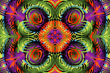 Beautiful caleidoscope symmetrical colourful gradient flowers line art of traditional background batik dayak ornament design template elements
