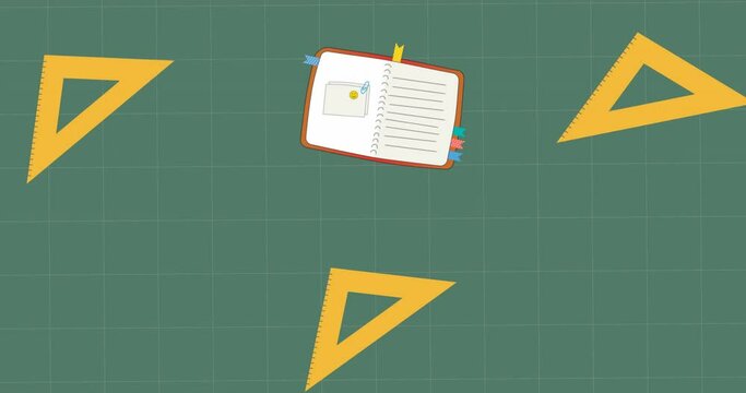 Animation of school icons with notebooks over grid on green background