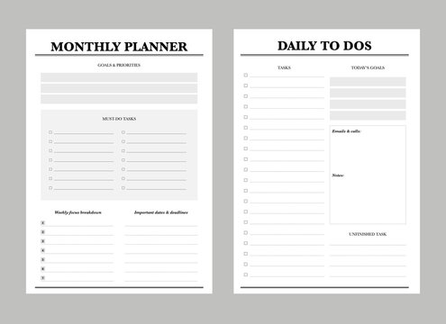 Cute 2 set of Daily monthly Planner template. Minimalist planner template set. Vector illustration.