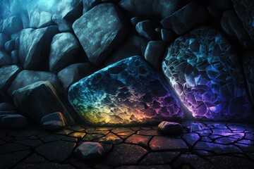 Fantasy stones abstract background with neon lights. Mystery stone texture, nothern lights colors, mystery lighting. Ai generated horizontal illustration with fantasy neon pebbles.