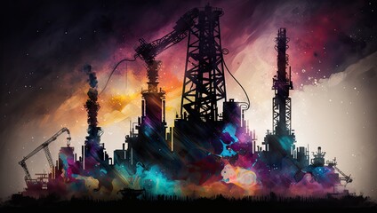 Abstract oil and gas industry. Artistic silhouette drill well energy. Illustration factory rig refinery background.