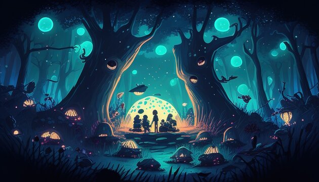 a group of people camping in a mystical forest digital art illustration, Generative AI