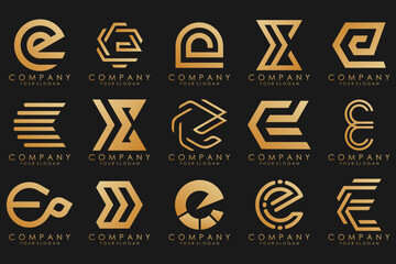 collection logos golden luxury with letters E. Geometrical abstract logos.