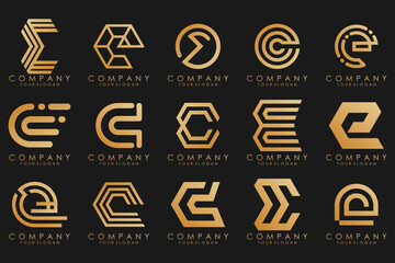 collection logos golden luxury with letters E. Geometrical abstract logos.