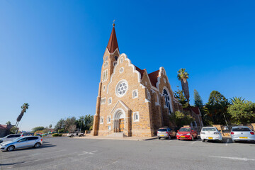 Obraz premium Evangelical Lutheran Church in urban city town of Namibia, South Africa. Tourist attraction