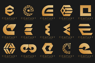 collection logos golden luxury with letters E. Geometrical abstract logos.