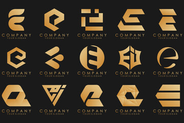 collection logos golden luxury with letters E. Geometrical abstract logos.
