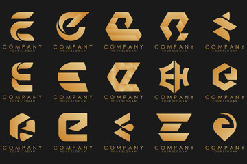 collection logos golden luxury with letters E. Geometrical abstract logos.