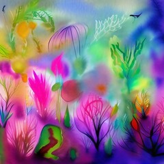 Fototapeta na wymiar Watercolor of a psychedelic garden in bloom, AI-Generated. Psychedelic flowers bright neon.