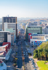 Aerial view of buildings in Windhoek downtown urban city town. Namibia, South Africa.