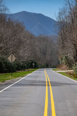 Fototapeta premium road, highway, mountain, landscape, travel, sky, nature, way, curve, tree, forest, country, drive, driving, street, line, transportation, rural, trees, summer, car, mountain, perspective, empty, horiz