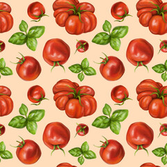 Seamless hand drawn pattern with red tomatoes, cherry tomatoes and basilic. Vegetable background for textiles, fabrics, wrapping paper, and other designs. Digital illustration on peach background