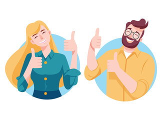 Flat design Smiling people showing ok sign with hands. Happy a woman demonstrate approval gesture. vector