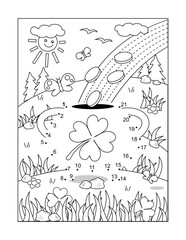 St. Patrick's Day dot-to-dot hidden picture puzzle and coloring page, sign, poster, or activity sheet with pot-of-gold, rainbow, coins, clover leaves
