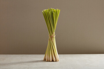 Front view of fresh lemongrass bunch isolated on gray background. Healthy herb - anti aging, reduce stress, skincare and haircare. background for organic cosmetic concept