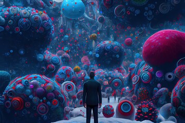 sci-fi fantasy scenery surreal wonderland world with a man on the adventure to the unknown, Generative Ai - obrazy, fototapety, plakaty