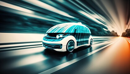 Fototapeta na wymiar hi-tech future car with light trail and speed blur cityscape background, Generative Ai