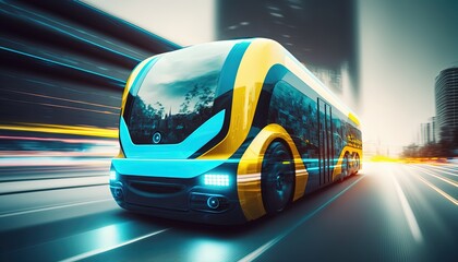 Obraz premium hi-tech future car with light trail and speed blur cityscape background, Generative Ai