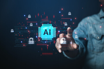 Hand touch on the virtual screen AI business database system processes online marketing investment...