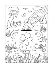 St. Patrick's Day dot-to-dot hidden picture puzzle and coloring page, sign, poster, or activity sheet with pot-of-gold, rainbow, coins, clover leaves
