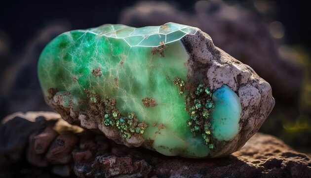 Chrysoprase Chalcedony,  close up raw material mineral gemstone, idea for gemology and spiritual theme concept, Generative Ai