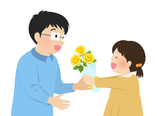 父の日に花束を渡す女の子_ベクターイラスト