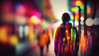 blur background of a man walking on street with colorful light, Generative Ai