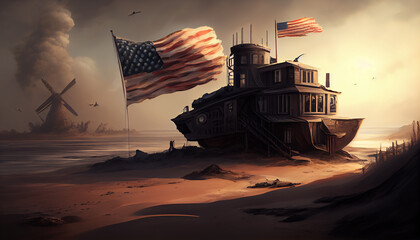 Fototapeta premium EUA , flag at sunset