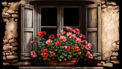 Fototapeta na wymiar flower pots blossom at window balcony space, vintage peaceful spring time, Generative Ai