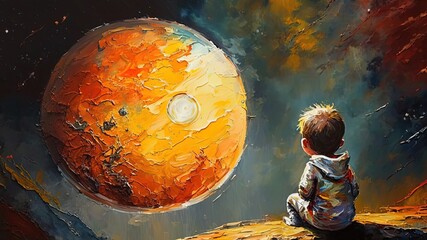 paint like illustration of a boy watching at moon planet, Generative Ai