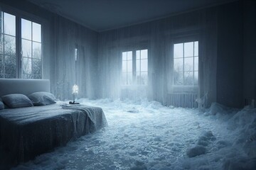 A completely frozen bedroom with none inside. Generative ai